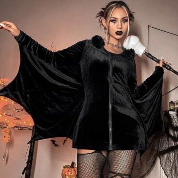 ROMWE PUNK Zip Up Fuzzy Trim Hooded Velvet Bat Shaped Coat - Picture 1 of 6